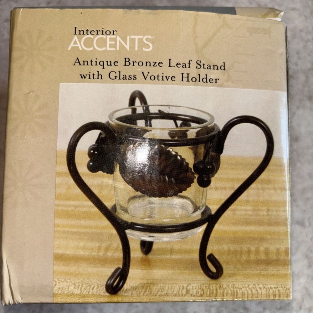 Antique Bronze Leaf Stand w/Glass Votive Candle Holder - New - Interior Accents